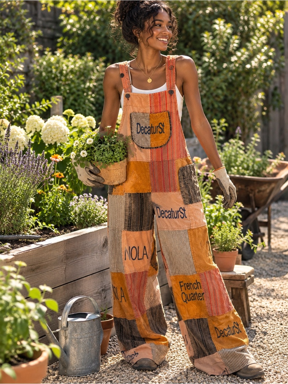Rising International Patchwork Overalls Striped Cotton Orange & Red 2X